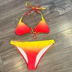 Lucky Bop Tequila Sunrise String Top with Bottom Yellow/Orange/Red Bikini, Large